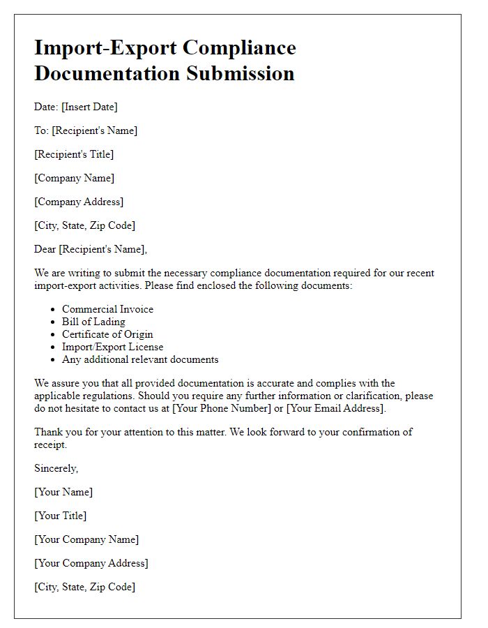 Letter template of import-export compliance documentation submission