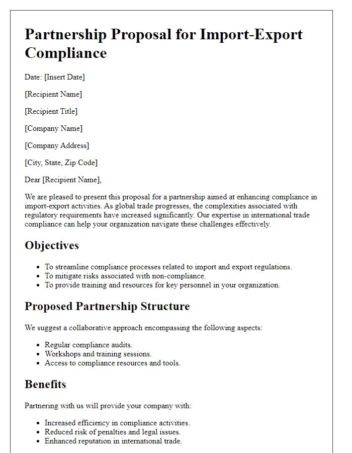 Letter template of import-export compliance partnership proposal