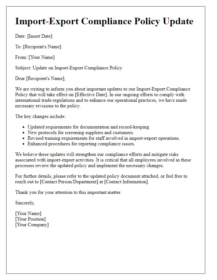 Letter template of import-export compliance policy update