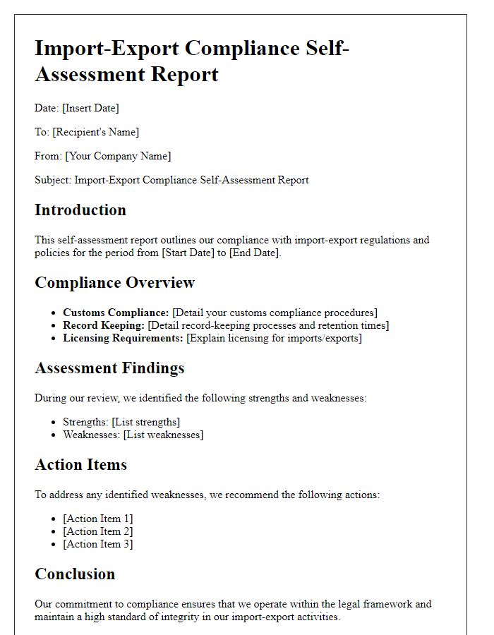 Letter template of import-export compliance self-assessment report