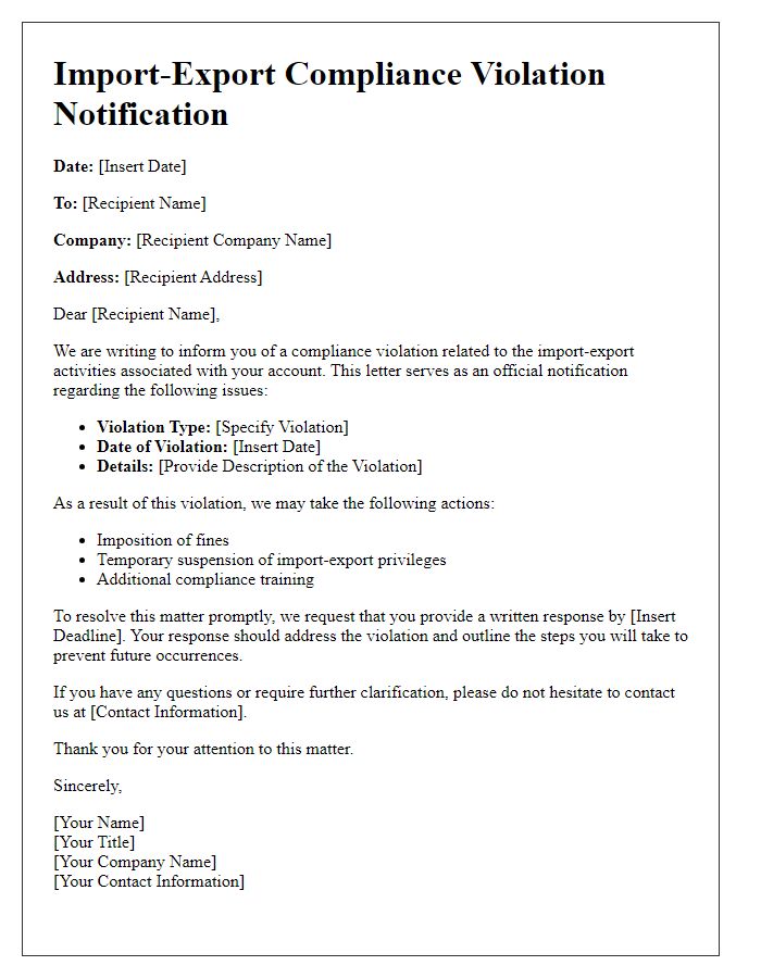 Letter template of import-export compliance violation notification