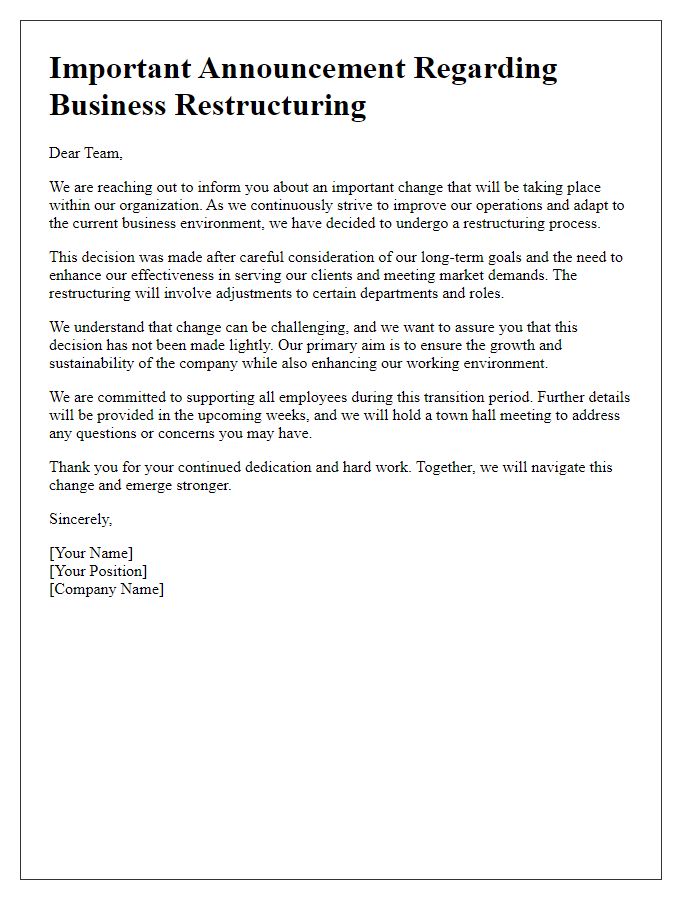 Letter template of business restructuring announcement to employees