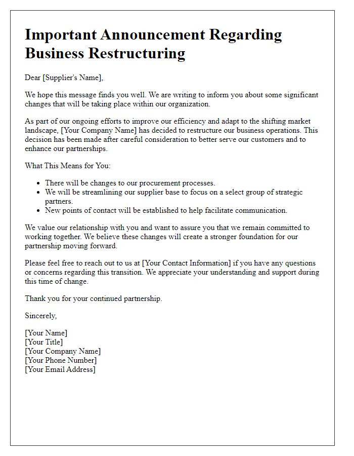 Letter template of business restructuring communication for suppliers