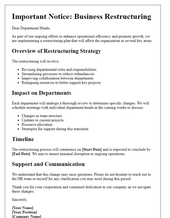 Letter template of business restructuring details for department heads