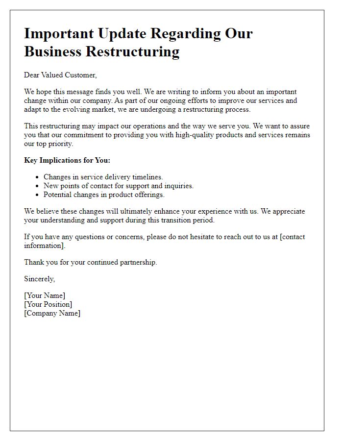 Letter template of business restructuring implications for customers