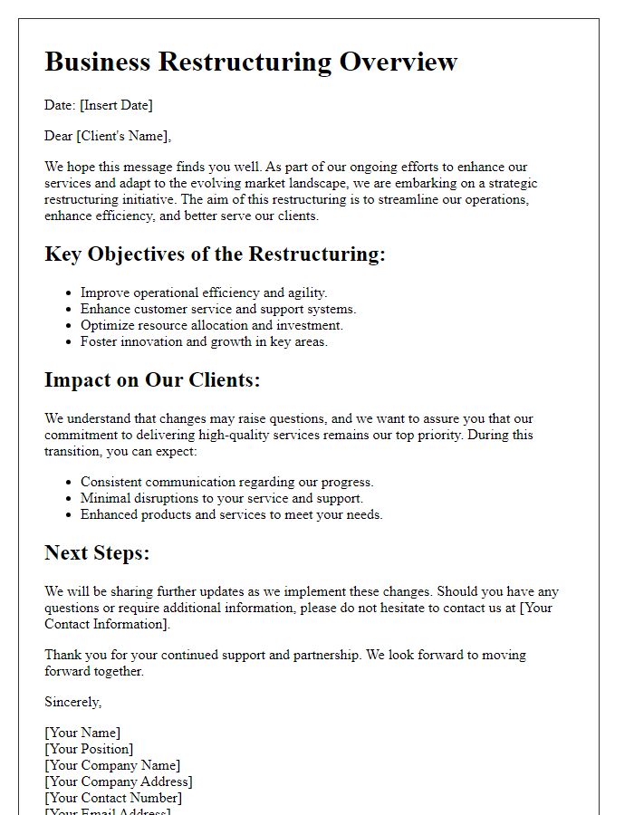 Letter template of business restructuring overview for clients