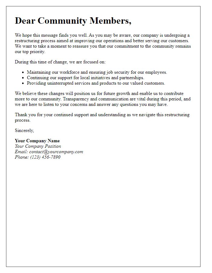 Letter template of business restructuring reassurance for community members