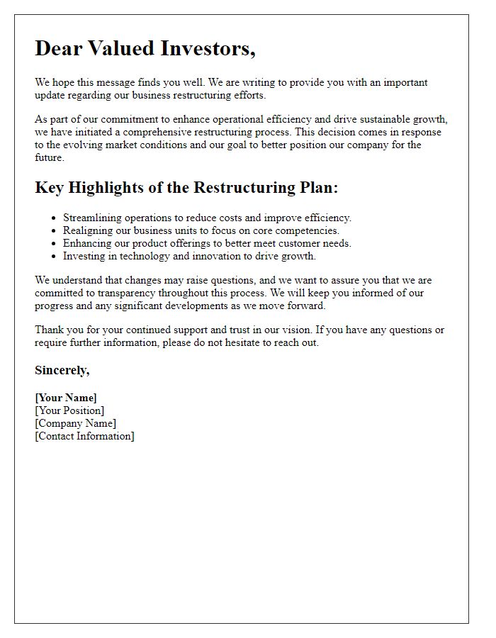 Letter template of business restructuring update for investors