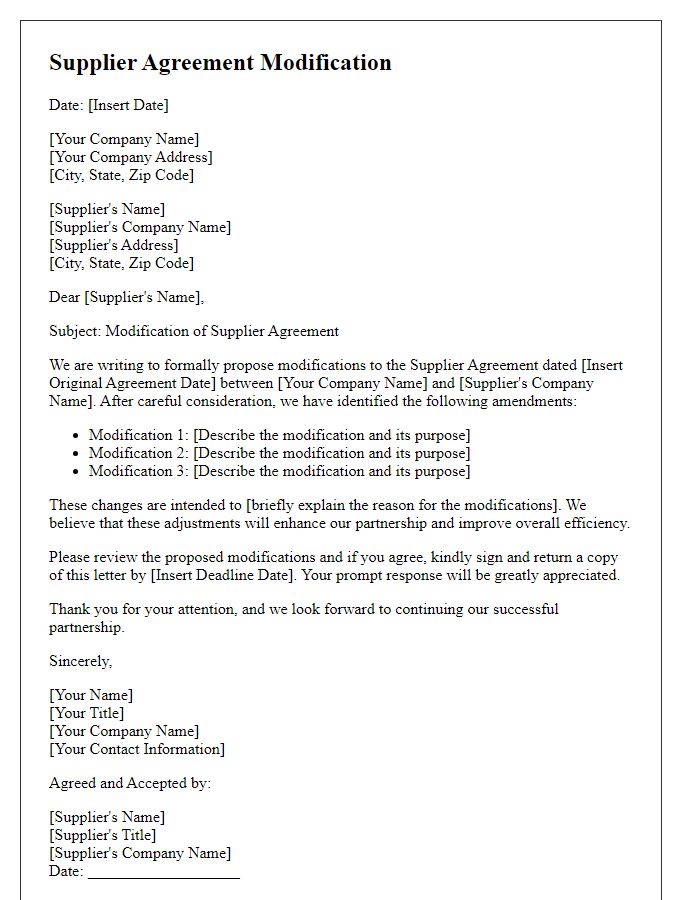 Letter template of Supplier Agreement Modification