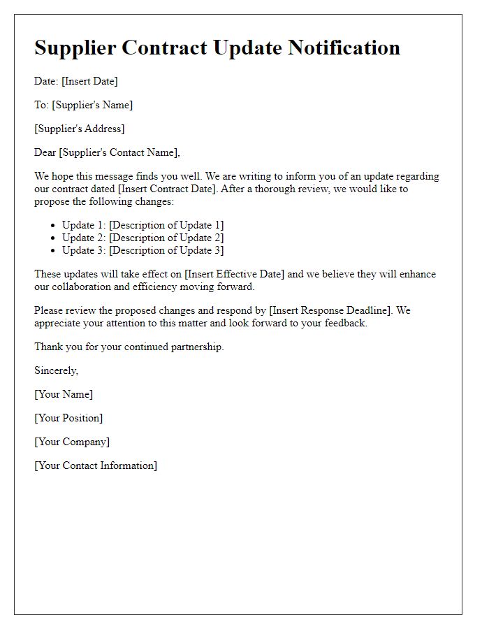 Letter template of Supplier Contract Update Notification