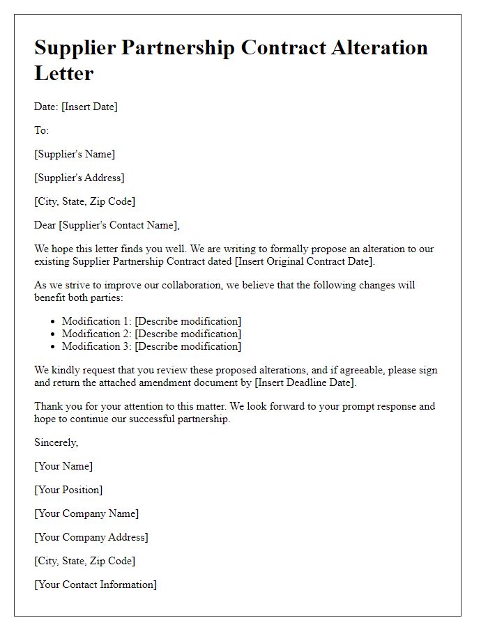 Letter template of Supplier Partnership Contract Alteration