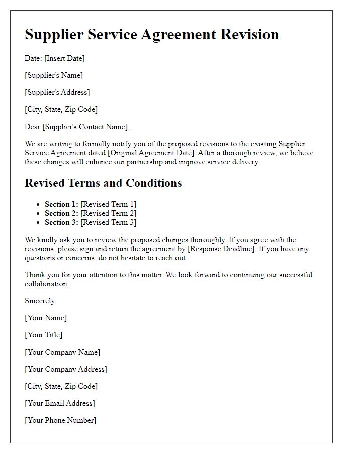 Letter template of Supplier Service Agreement Revision