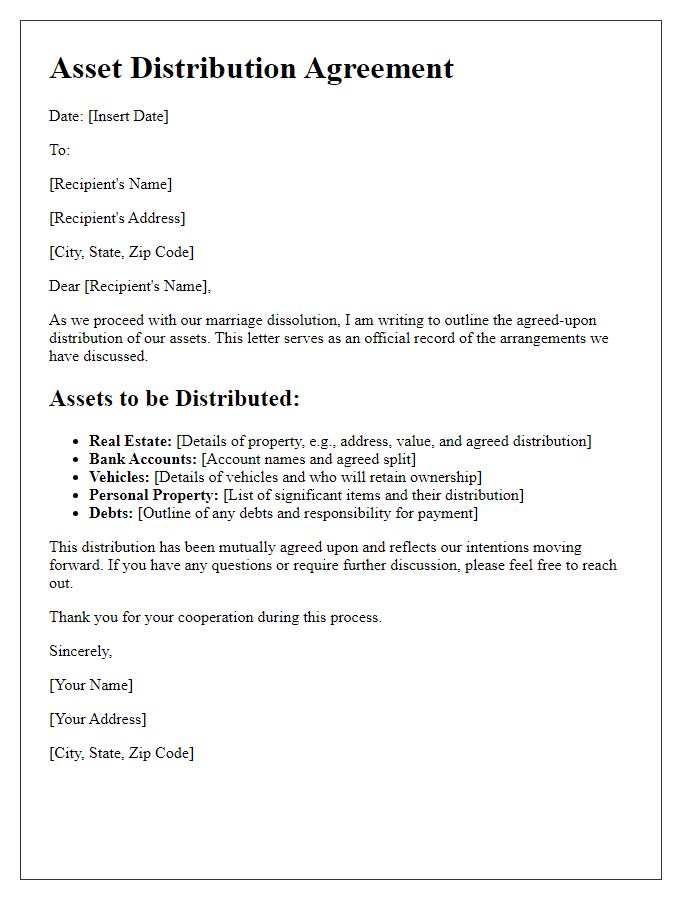 Letter template of asset distribution in marriage dissolution.