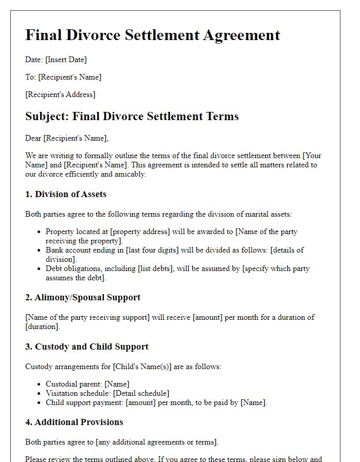 Letter template of final divorce settlement terms.