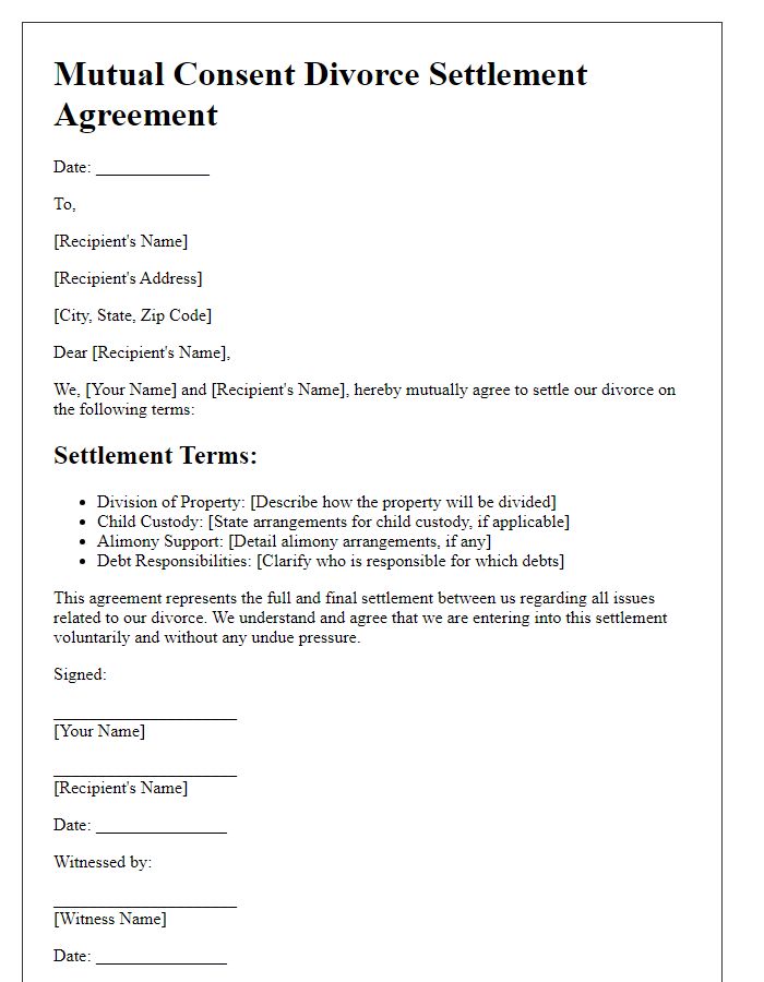 Letter template of mutual consent for divorce settlement.