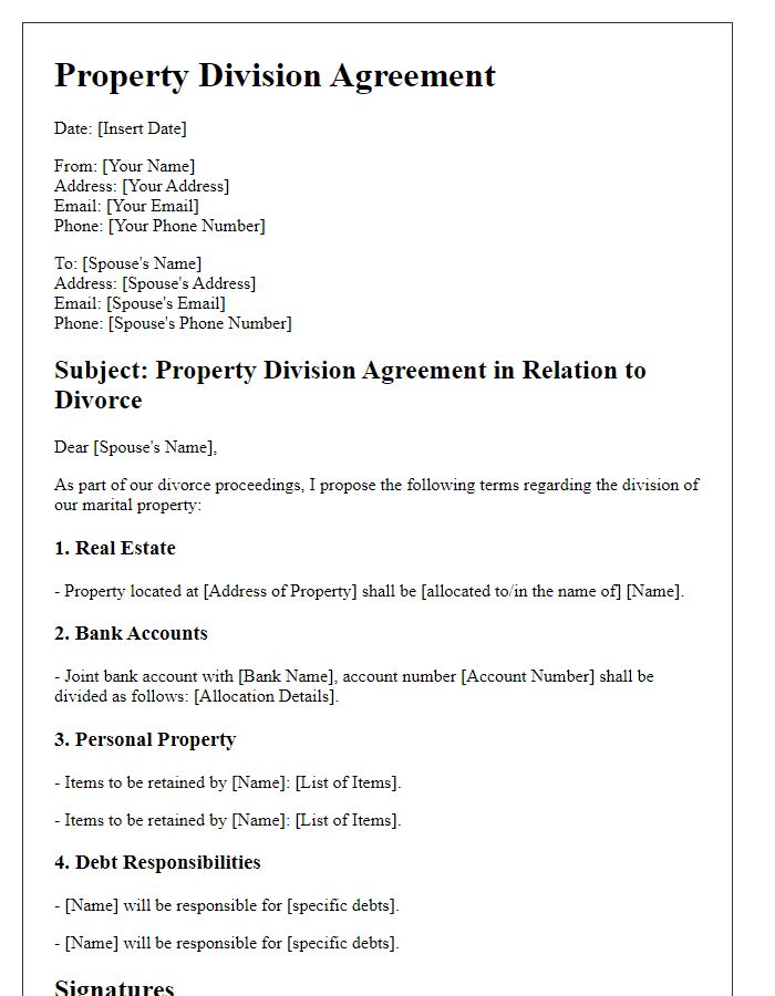 Letter template of property division in divorce agreement.