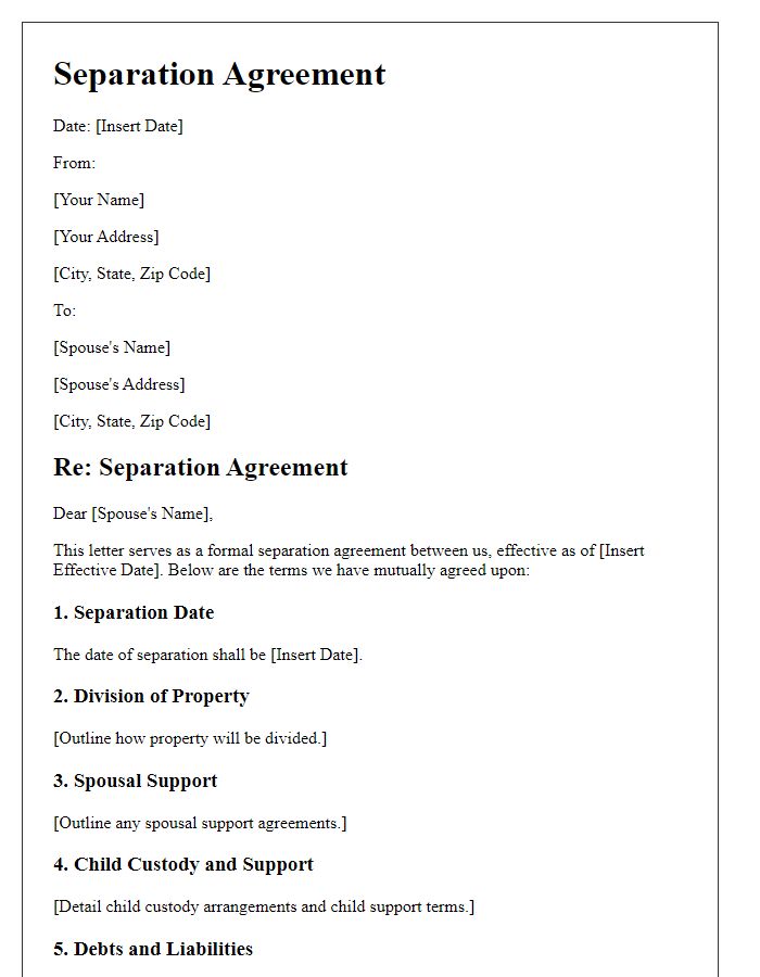 Letter template of separation agreement for marriage dissolution.