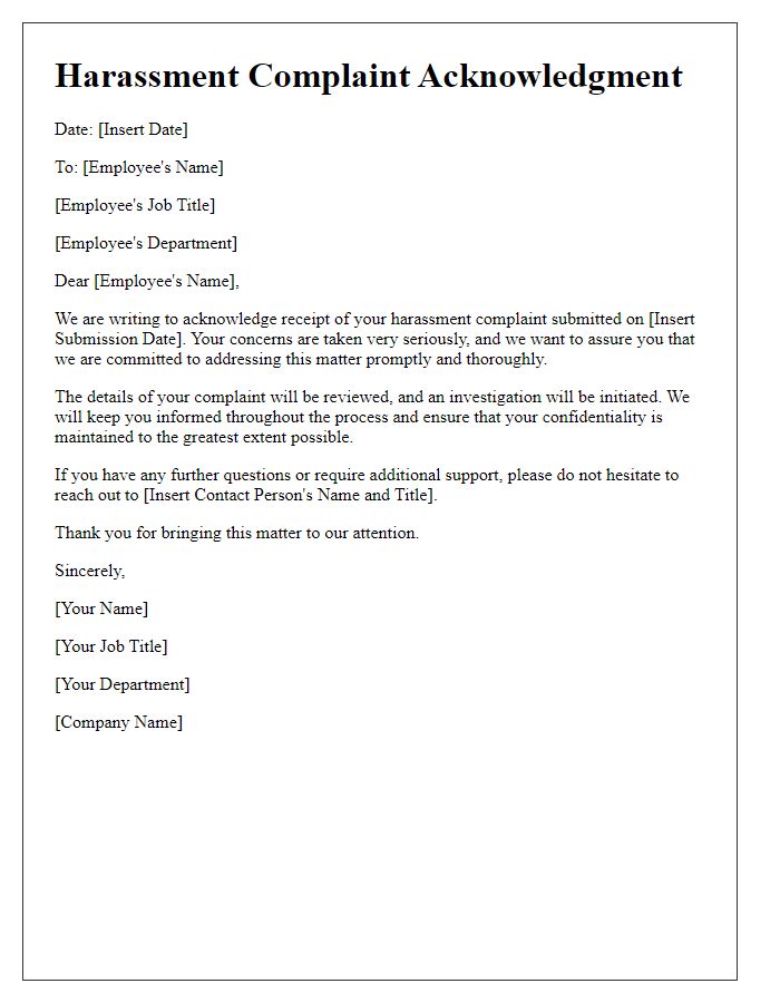 Letter template of harassment complaint acknowledgment