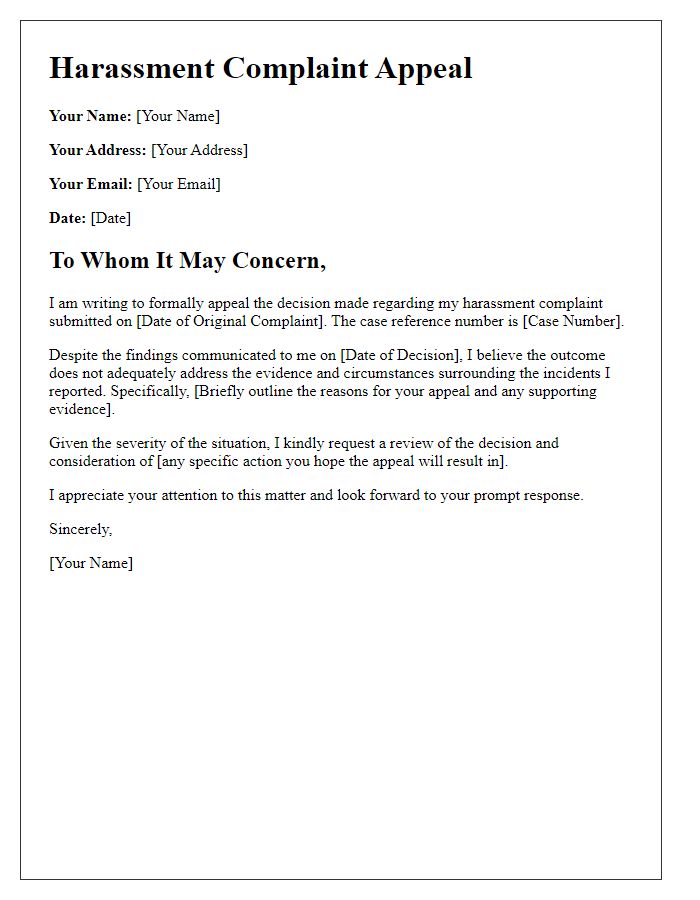 Letter template of harassment complaint appeal process