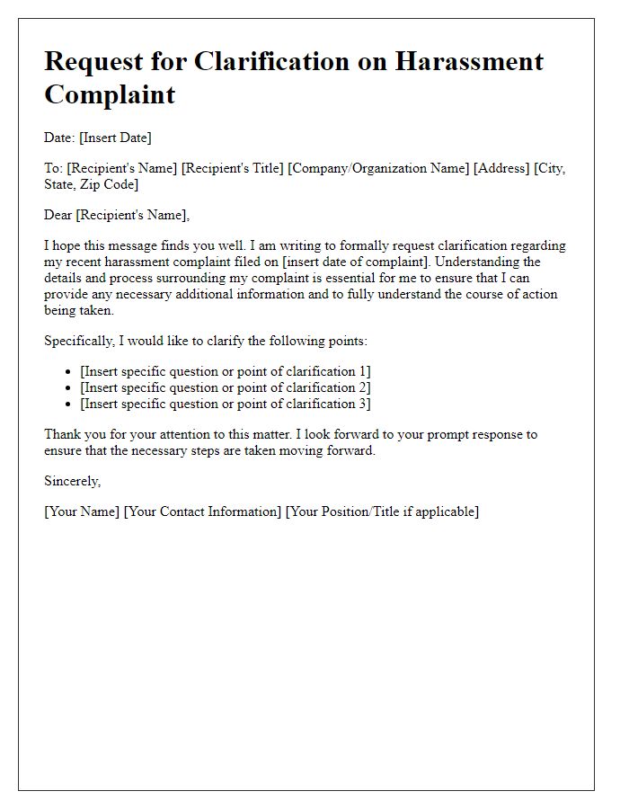 Letter template of harassment complaint clarification request