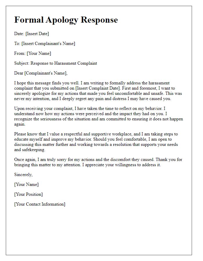 Letter template of harassment complaint formal apology response