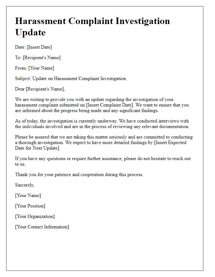 Letter template of harassment complaint investigation update