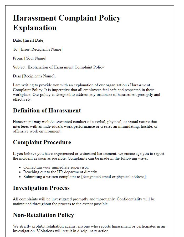 Letter template of harassment complaint policy explanation