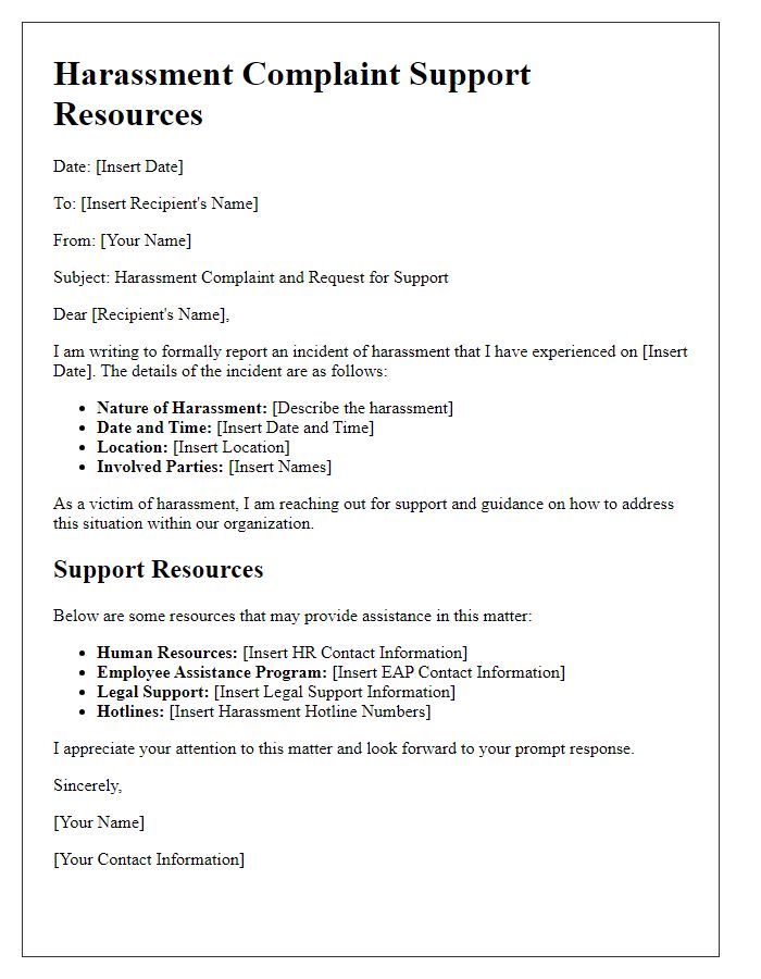 Letter template of harassment complaint support resources