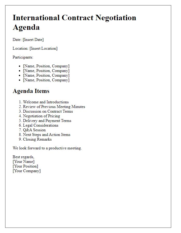 Letter template of international contract negotiation agenda.