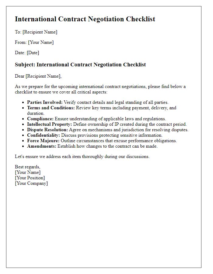 Letter template of international contract negotiation checklist.