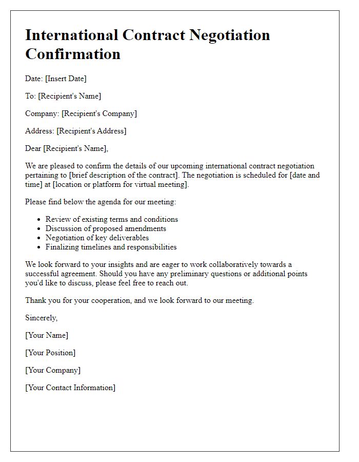 Letter template of international contract negotiation confirmation.