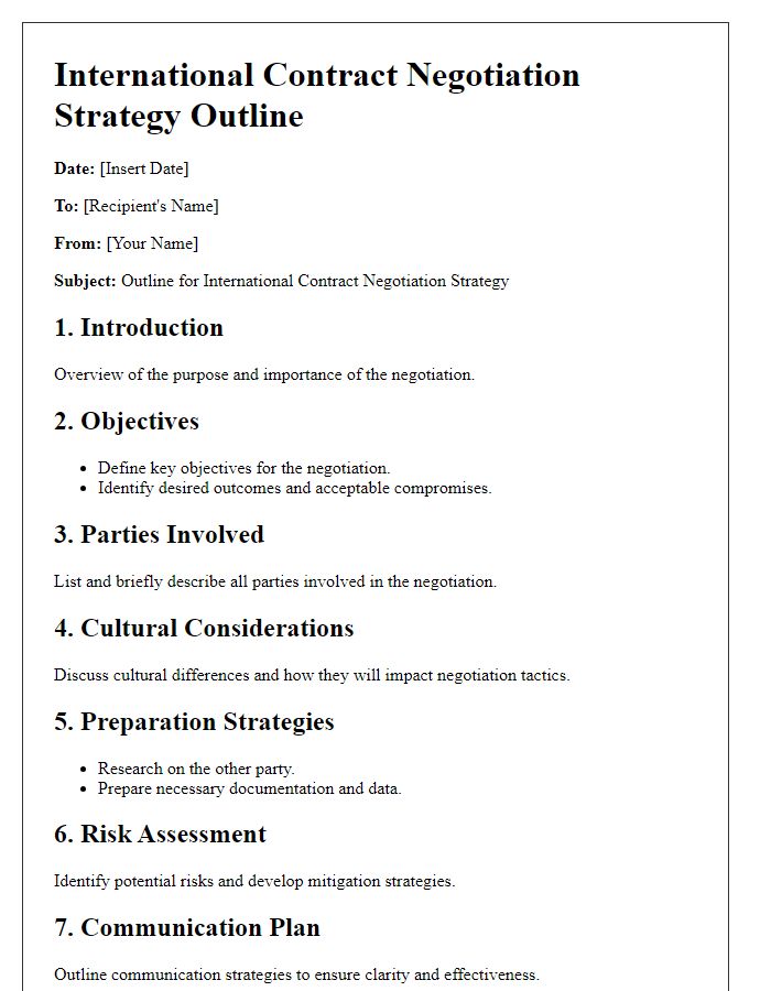 Letter template of international contract negotiation strategy outline.