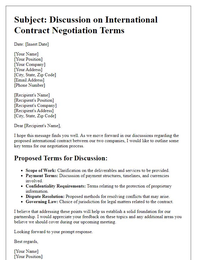 Letter template of international contract negotiation terms discussion.