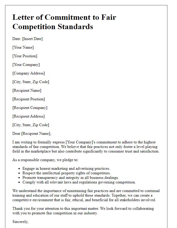 Letter template of commitment to fair competition standards