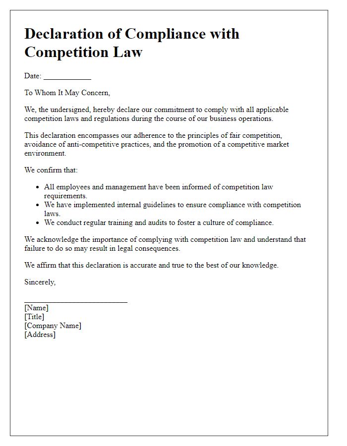 Letter template of declaration for competition law compliance audits