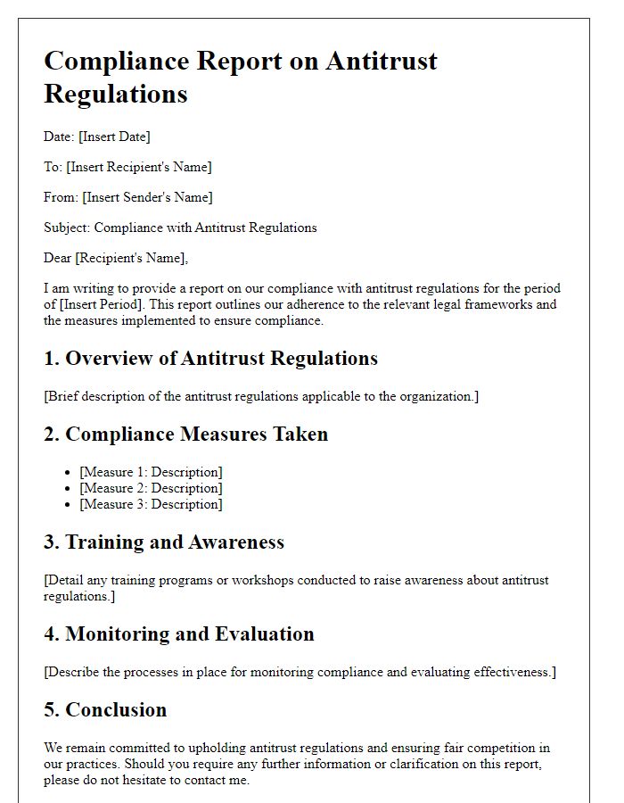 Letter template of report on compliance with antitrust regulations