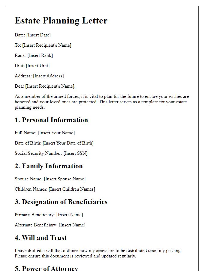 Letter template of estate planning for armed forces members