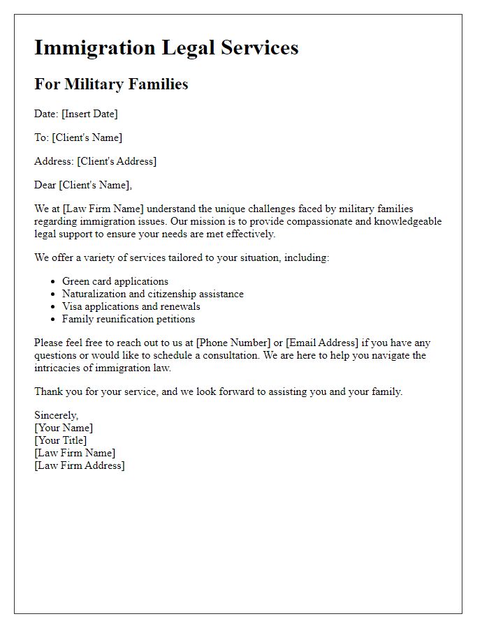 Letter template of immigration legal services for military families