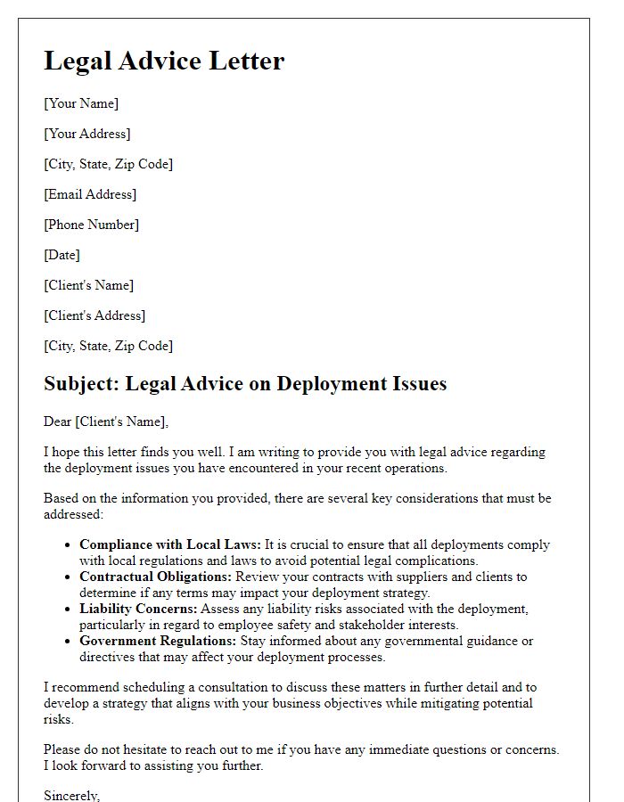 Letter template of legal advice on deployment issues