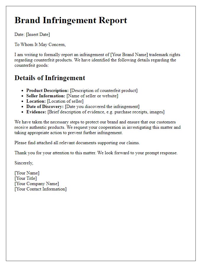 Letter template of brand infringement report for counterfeit products