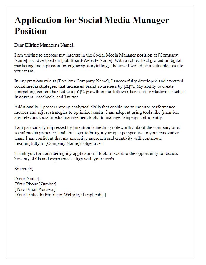 Letter template of creative industry job application for social media manager.