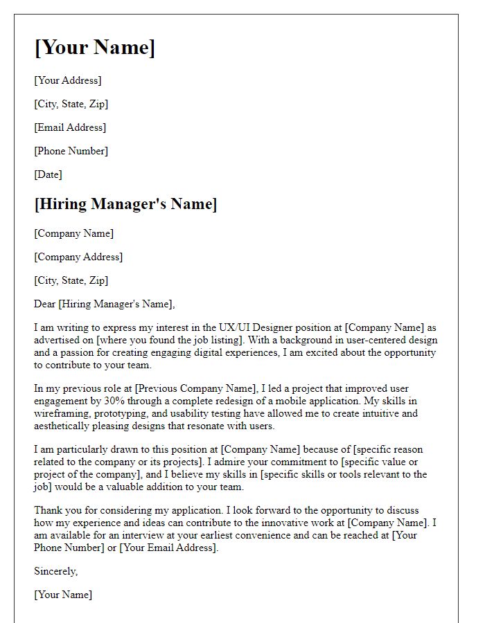 Letter template of creative industry job application for UX/UI designer.