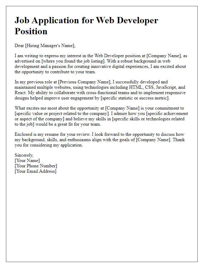 Letter template of creative industry job application for web developer.