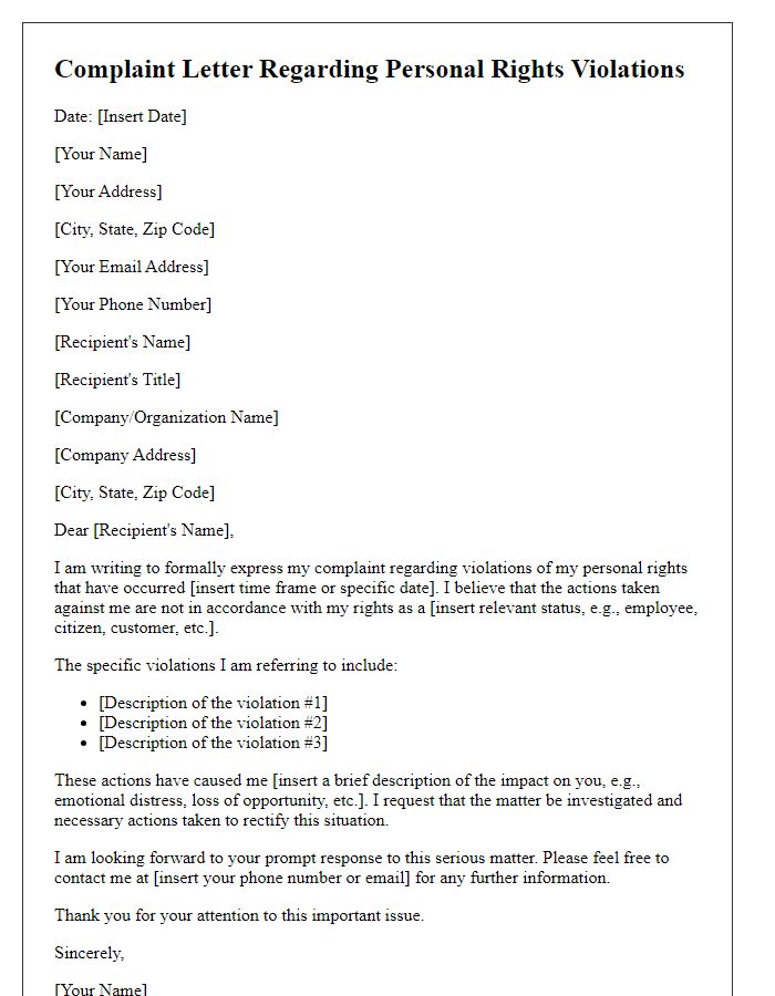 Letter template of complaint regarding personal rights violations