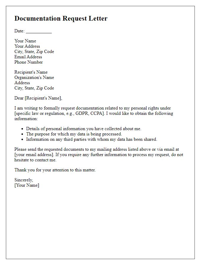 Letter template of documentation request related to personal rights