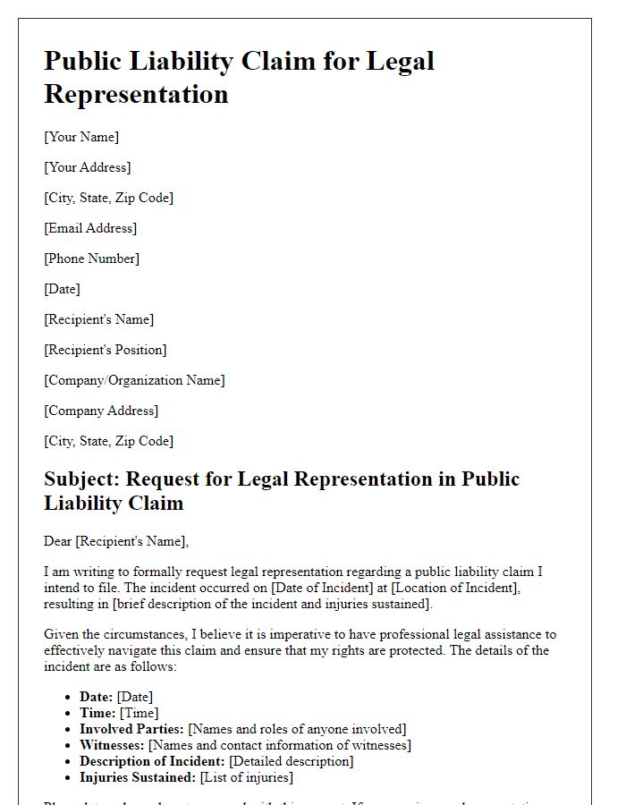 Letter template of public liability claim for legal representation.