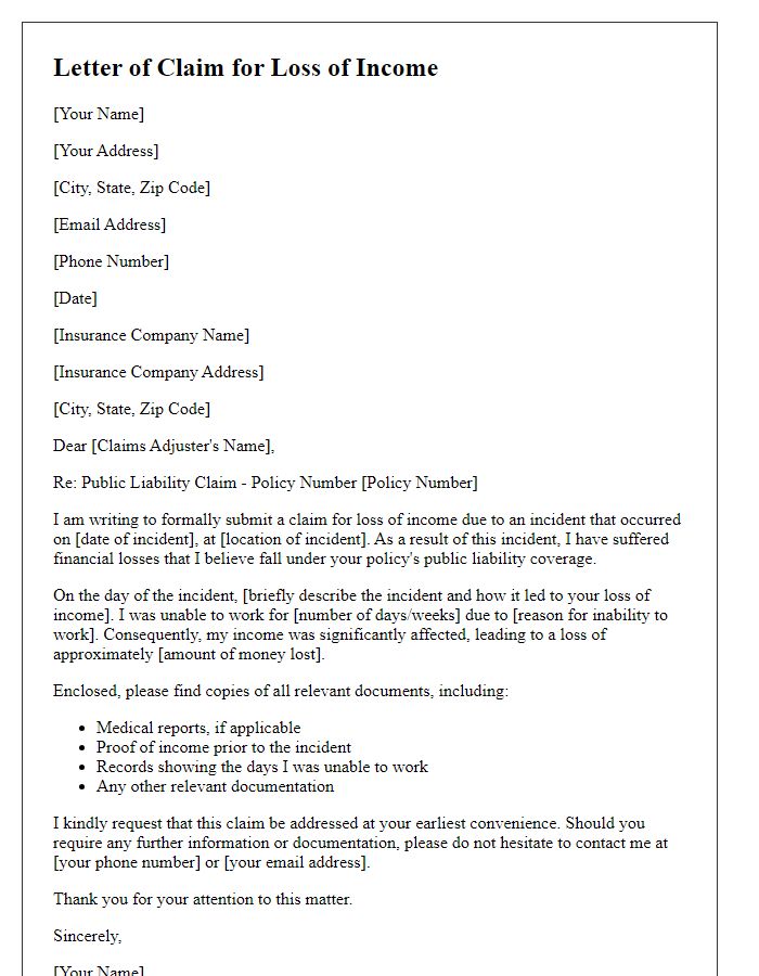 Letter template of public liability claim for loss of income.