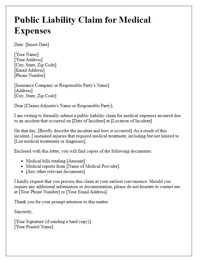 Letter template of public liability claim for medical expenses.