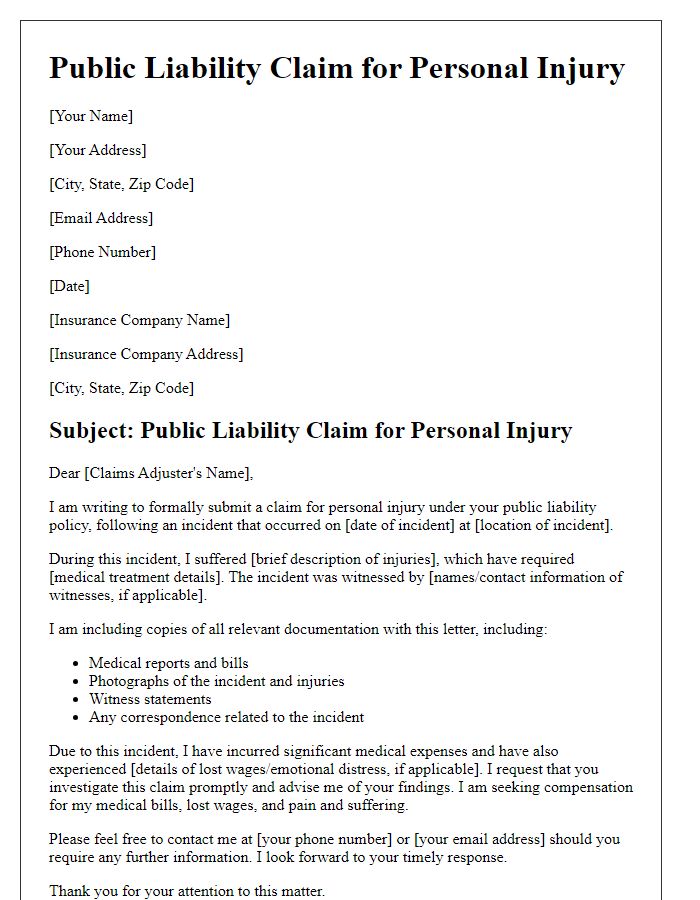 Letter template of public liability claim for personal injury.