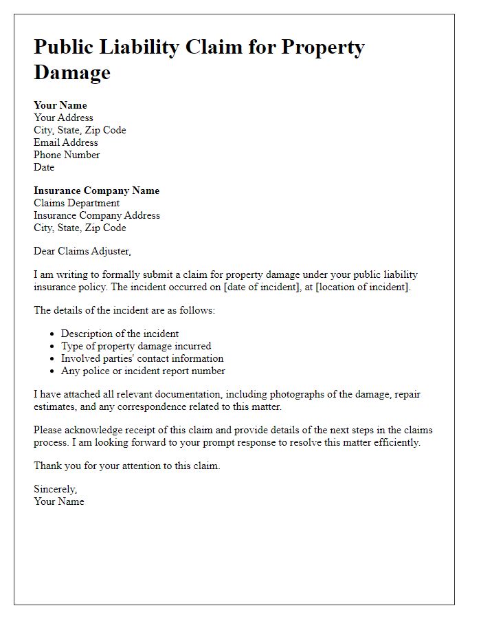 Letter template of public liability claim for property damage.